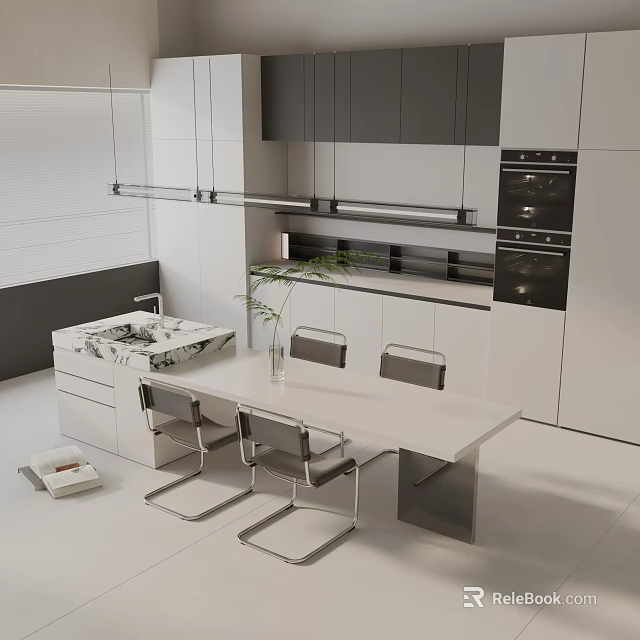 Modern Dining Table Set With Chairs Marble Top In Open Kitchen And Cabinets Ovens Plant 3d model 