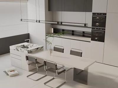 Modern Dining Table Set With Chairs Marble Top In Open Kitchen And Cabinets Ovens Plant 3d model