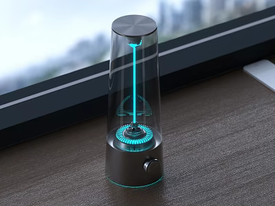 Modern Unique shaped Table Lamp with Glass Body and Blue LED Light on Wooden Desk 3d model