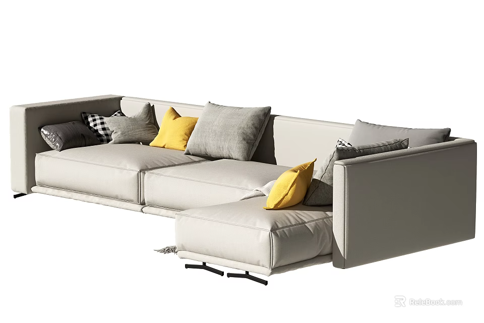 Modern L Shaped Sectional Sofa With Multiple Gray Yellow Plaid Cushions 3d model