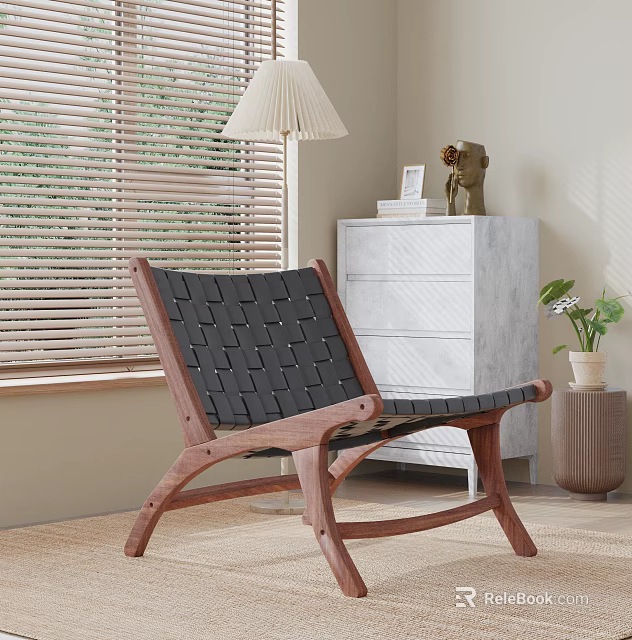 Modern Minimalist Leisure Chair With Wooden Frame And Black Woven Design In Living Room Interior 3d model 