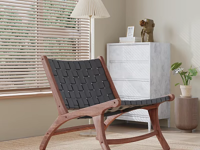 Modern Minimalist Leisure Chair With Wooden Frame And Black Woven Design In Living Room Interior 3d model