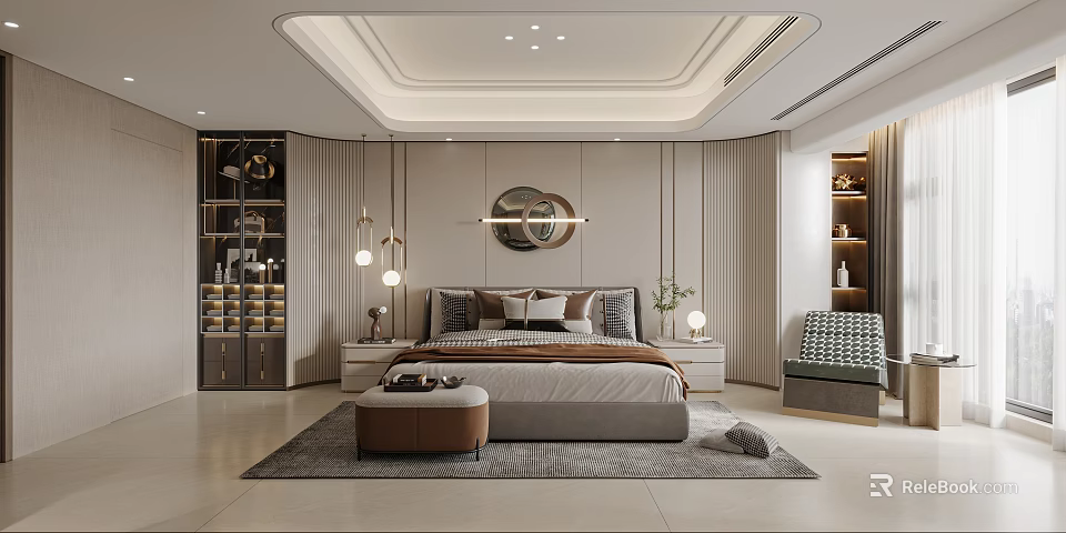 Modern Luxury Bedroom Interior Design With King Size Bed Round Wall Art And Warm Lighting 3d model 