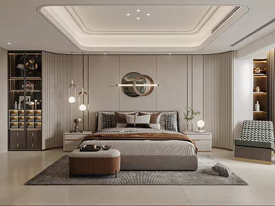 Modern Luxury Bedroom Interior Design With King Size Bed Round Wall Art And Warm Lighting 3d model