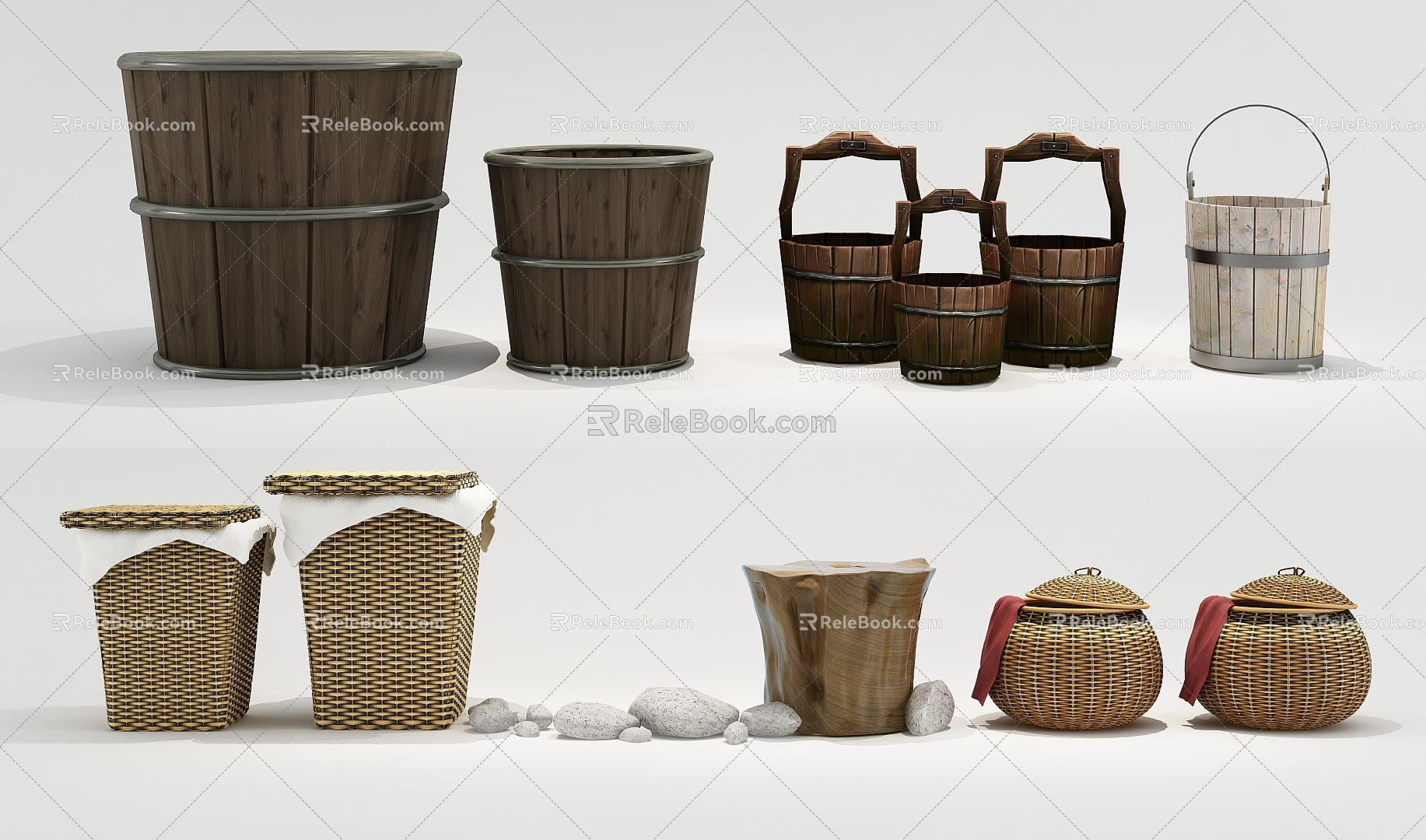 Wooden barrel straw basket 3d model