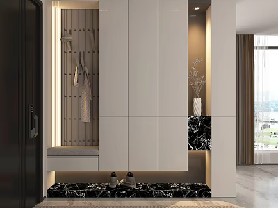 Modern Entryway Hallway Interior Design With White Cabinets Marble Floor Bench And Decorative Vase 3d model