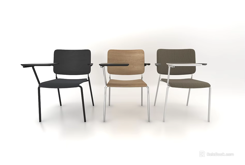 Three Colored Modern Leisure Chairs With Armrests Metal Frame And Fabric Seats 3d model 