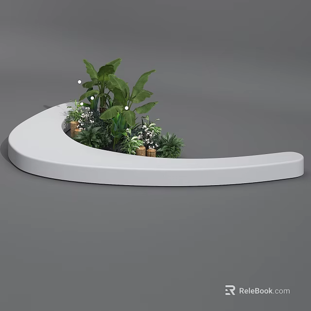 Curved White Decorative Planter with Green Plants and Small Potted Flowers 3d model 