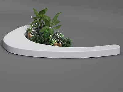 Curved White Decorative Planter with Green Plants and Small Potted Flowers 3d model