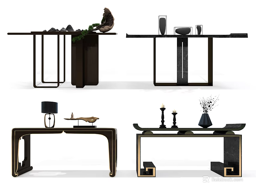 Modern Console Table Designs With Black Frame Metal Accents And Decorative Items 3d model
