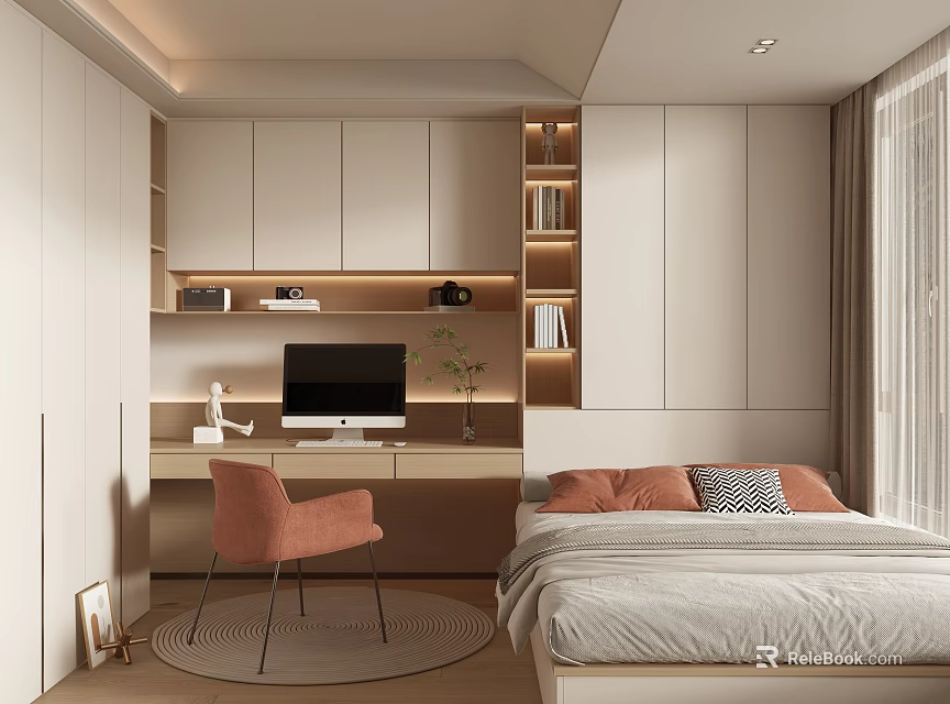 Tatami Bedroom Interior Design With Writing Desk Computer Pink Chair Built In Bookshelf And Wardrobe 3d model 