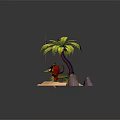 Red Clothed Pirate Bird Creature Standing On Tropical Island With Palm Tree And Blue Water
