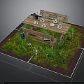 Outdoor Wooden Dining Table With Teacups Bench Grass White Flowers And Plaid Border