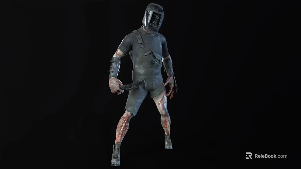 3D Dark Warrior Creature In Black Outfit With Metal Helmet And Bloodied Limbs Holding Axe 3d model