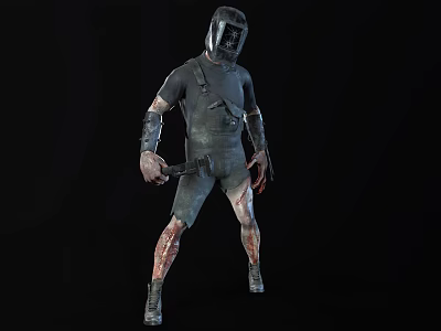 3D Dark Warrior Creature In Black Outfit With Metal Helmet And Bloodied Limbs Holding Axe 3d model