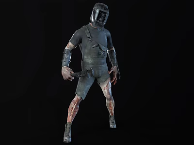 3D Dark Warrior Creature In Black Outfit With Metal Helmet And Bloodied Limbs Holding Axe 3d model