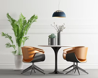 Modern Round Table and Chairs Set with Orange Black Seats and Large Green Plant in Bright Space 3d model