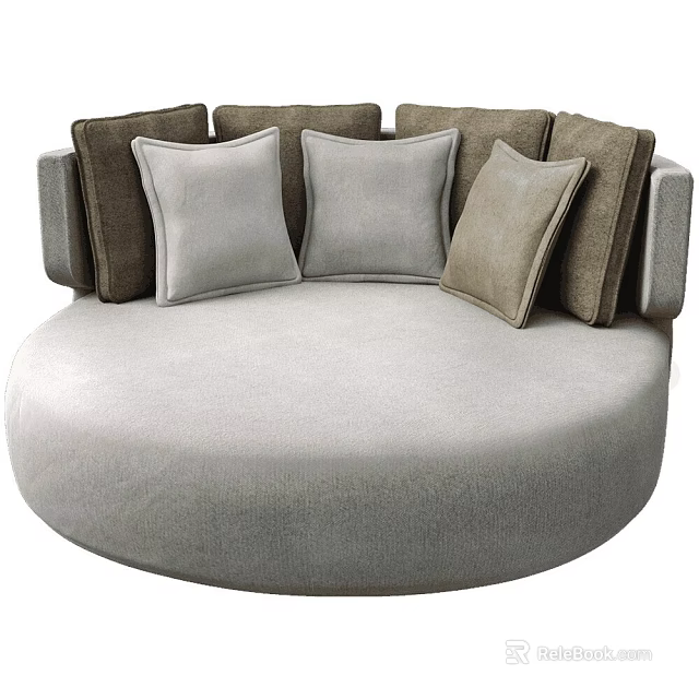 Round Design Outdoor Sofa With Light Gray Cushions And Brown Throw Pillows 3d model 