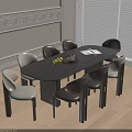 Elegant Dining Room Interior With Oval Dark Table Gray Brown Chairs And Fruits On Top