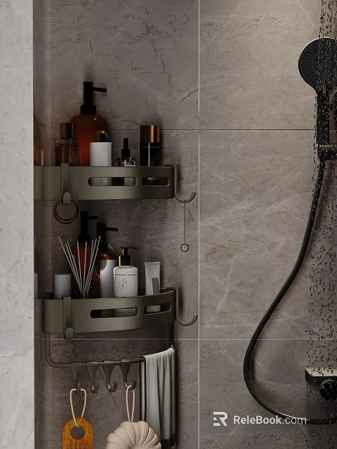 Bathroom Wall Mounted Metal Two Tier Shelf With Toiletries And Hooks 3d model 