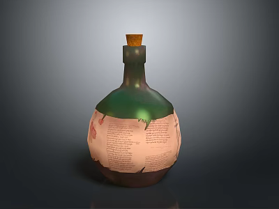 Decorative Green And Brown Glass Bottle With Cork Stopper And Paper Wrapping With Text 3d model