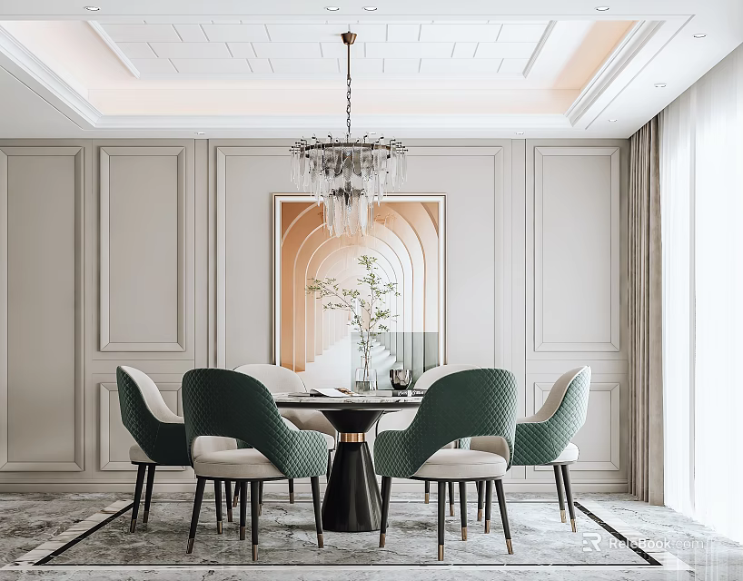 Elegant Modern Restaurant Interior With Green Chairs Dining Table Chandelier Decorative Painting And White Walls 3d model 
