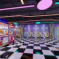 Modern Indoor Playground With Neon Lights Game Machines Vending Machines And Checkered Floor