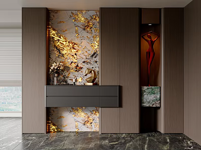 Modern Foyer Hallway With Wooden Panels Golden White Marble Accent Wall And Black Console 3d model