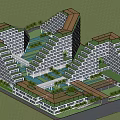 Modern Hotel Building With Multiple High Rise Structures Green Rooftops And Central Water Features 3d model