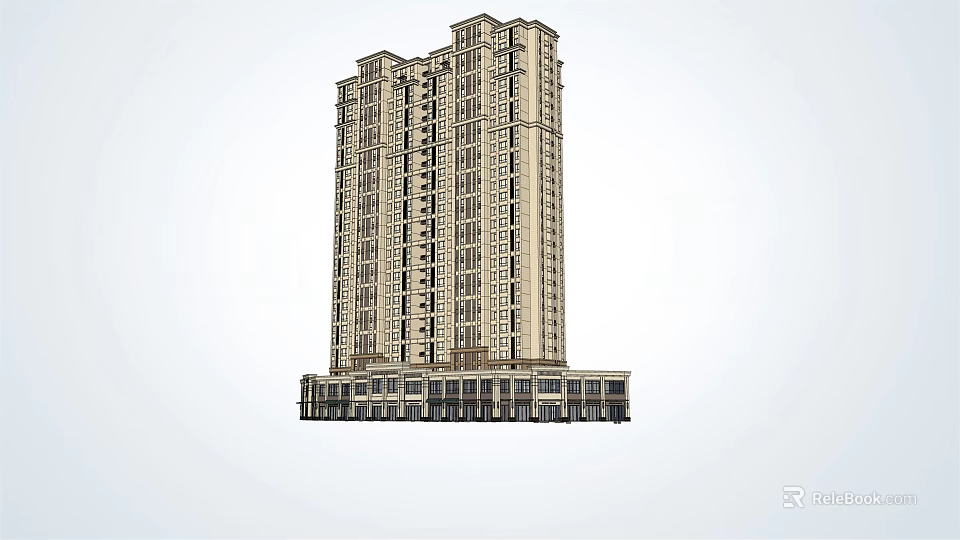 Modern High Rise Residential Building Exterior Design With Commercial Podium And Balconies 3d model 