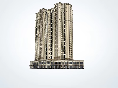 Modern High Rise Residential Building Exterior Design With Commercial Podium And Balconies 3d model