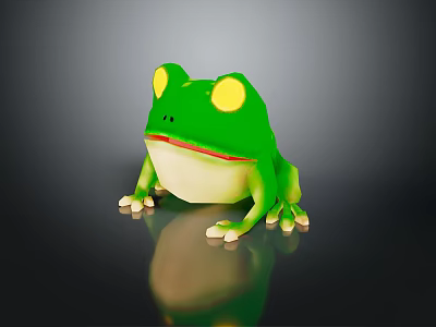Green Frog Toy With Yellow Eyes Red Mouth White Paws On Dark Background Reflection 3d model