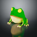 Green Frog Toy With Yellow Eyes Red Mouth White Paws On Dark Background Reflection
