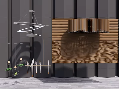Modern Chandelier Hanging Over Gray Walls With Wooden Slatted Panels And Decorative Plants 3d model