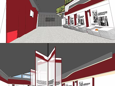 Modern Exhibition Hall Interior With Red White Walls Displayed Photos And Cabinets 3d model