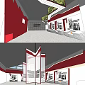Modern Exhibition Hall Interior With Red White Walls Displayed Photos And Cabinets