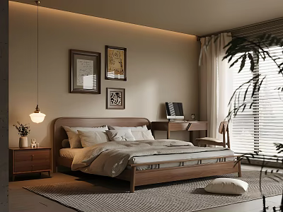 Cozy Modern Bedroom With Wooden Bed Framed Art Desk Pendant Lamp And Window Plants 3d model