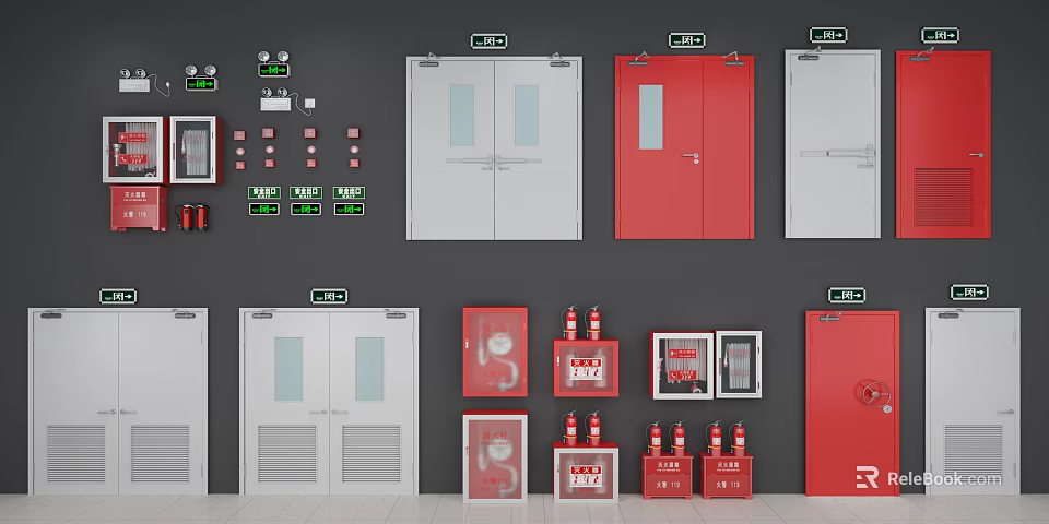 Fire Safety Equipment Display With Emergency Doors Fire Extinguishers And Control Panels 3d model 