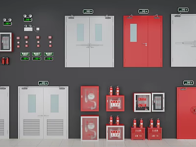 Fire Safety Equipment Display With Emergency Doors Fire Extinguishers And Control Panels 3d model
