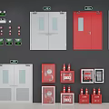 Fire Safety Equipment Display With Emergency Doors Fire Extinguishers And Control Panels
