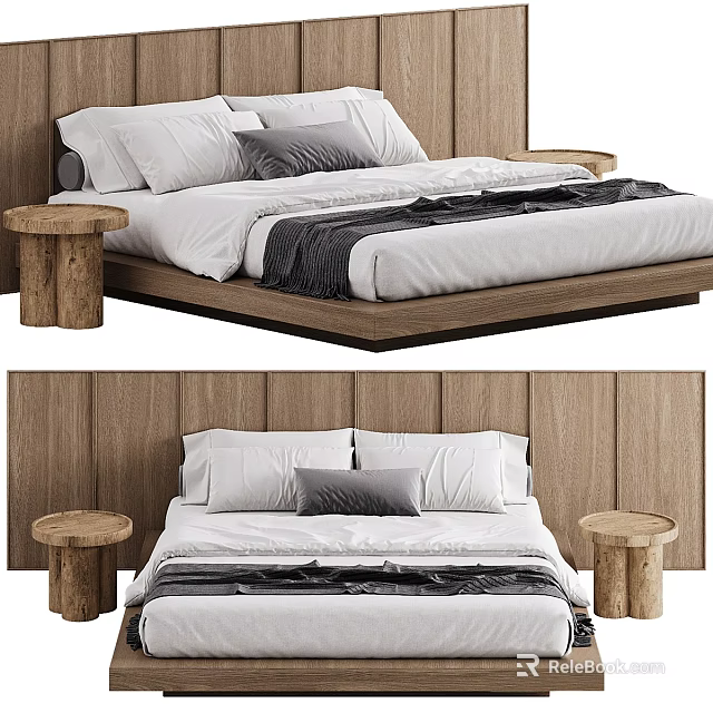Modern Double Bed with Wooden Headboard White Bed Sheets Gray Pillows and Wooden Nightstands 3d model 