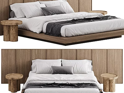 Modern Double Bed with Wooden Headboard White Bed Sheets Gray Pillows and Wooden Nightstands 3d model