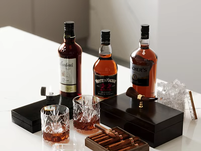 Wine Bottles And Glasses With Ice Cubes Cigars Lighter And Black Box 3d model