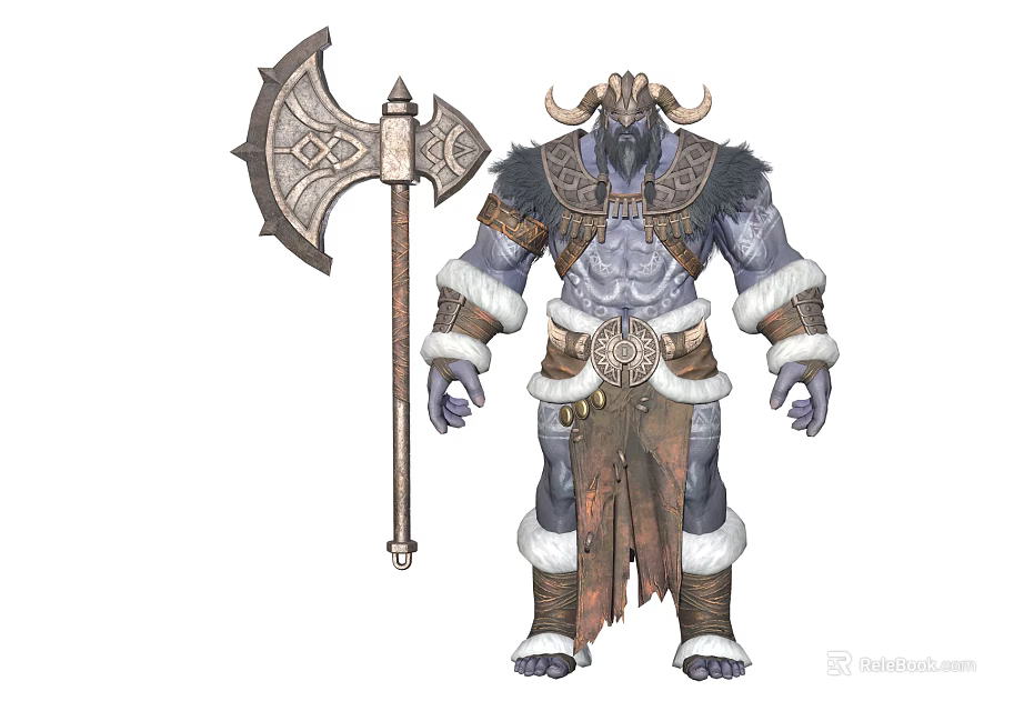 Mighty Orc Warrior Creature With Giant Battle Axe And Fur Armored Outfit 3d model 