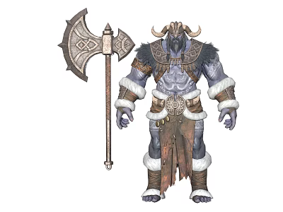 Mighty Orc Warrior Creature With Giant Battle Axe And Fur Armored Outfit 3d model