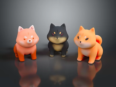 Three Cute Shiba Inu Plush Toys With Pink Black And Orange Colors 3d model