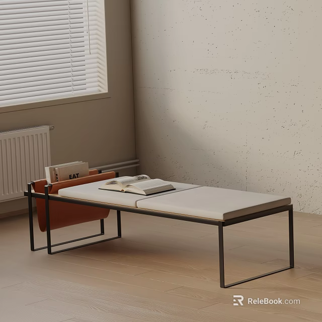 Modern Sofa Bench With White Cushion Black Metal Frame And Books In Minimalist Room 3d model 