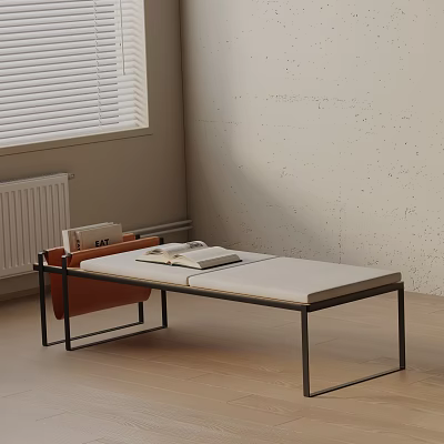 Modern Sofa Bench With White Cushion Black Metal Frame And Books In Minimalist Room 3d model