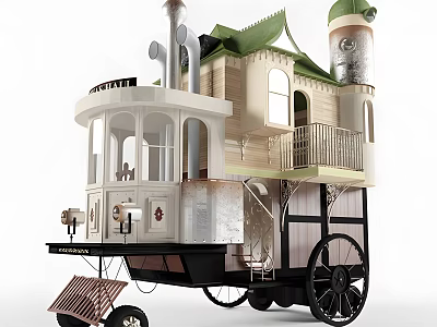 Vintage Style Functional Vehicle With Green Roof Tower Balcony Windows And Large Wheels 3d model