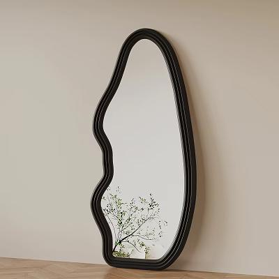 Unique Curved Black Frame Mirror on Light Beige Wall with Green Plant Reflection 3d model